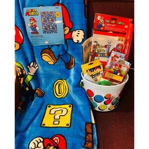 Super Mario gift bundle soft blue 50 70 throw 7 piece set , small Mario figure